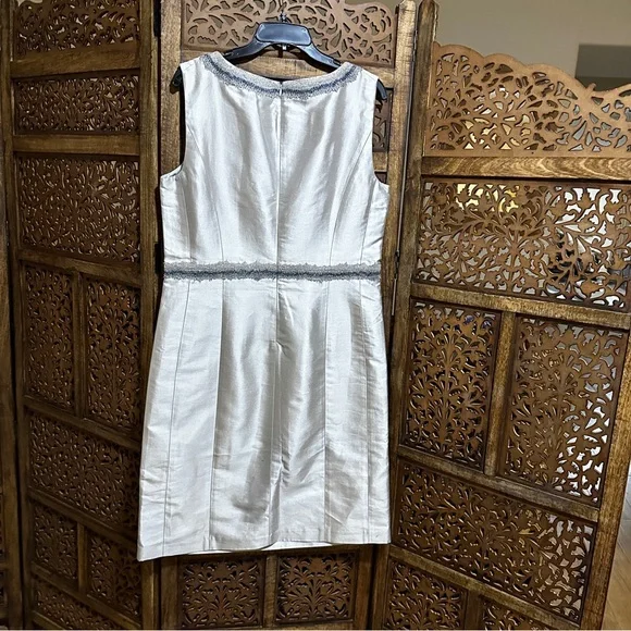 NWT Lafayette 148 Silver Gray Sheath Dress Embroidered Blue Trim sz 12 reg $598